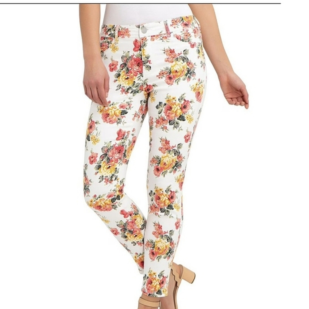 Jordache White & Floral Jeans Jegging High Waist Slim Skinny Ankle Roses size 10